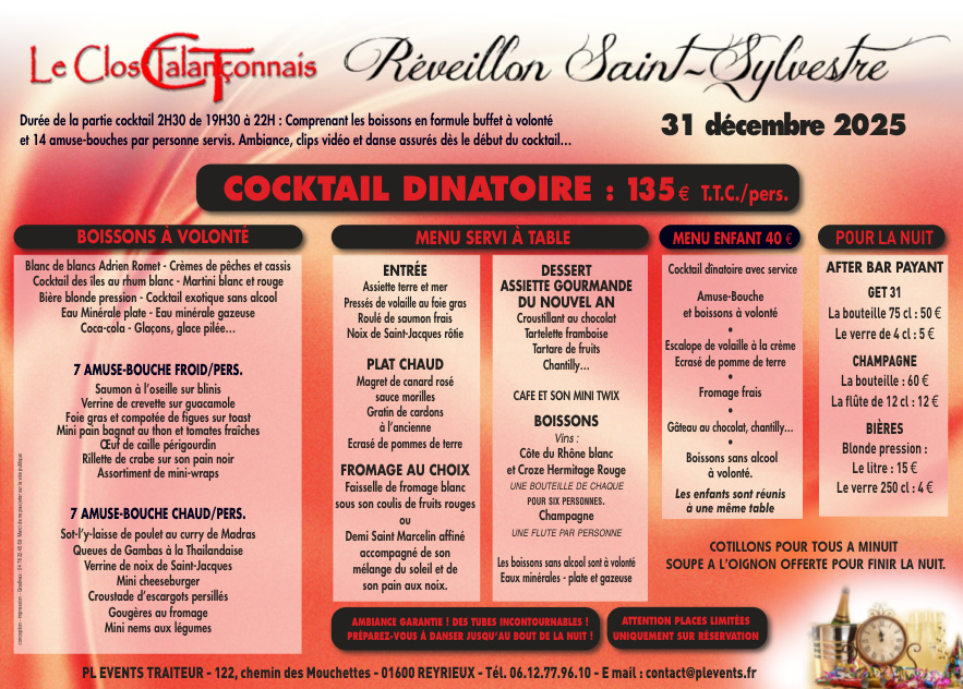 Menu réveillon 2025 Trévoux Villefrache-sur-Saone, Neuville-sur-Saône